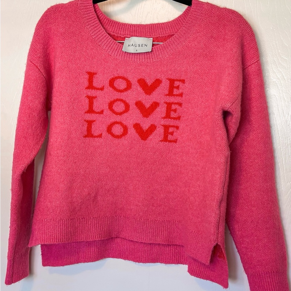 Hausen “Love” Valentine Crewneck Sweater Pink with Heart Graphics in Size Small